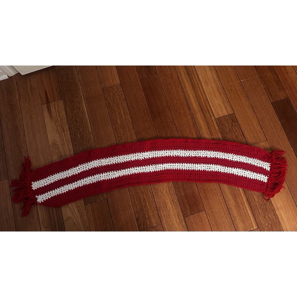 Handmade Crimson And White Crocheted Scarf - Picture 4 of 4
